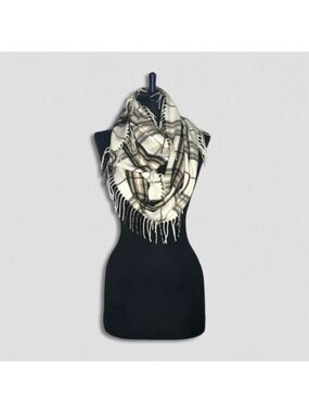 Van Heusen plaid infinity scarf warm cream black check fringes layering academy